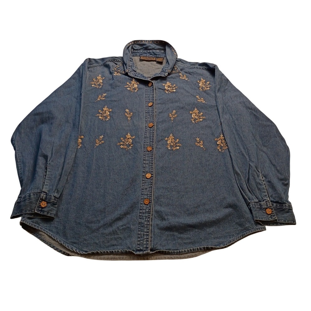New Direction Denim Shirt Women's Embroidered Floral Button Up XL Blue Vintage